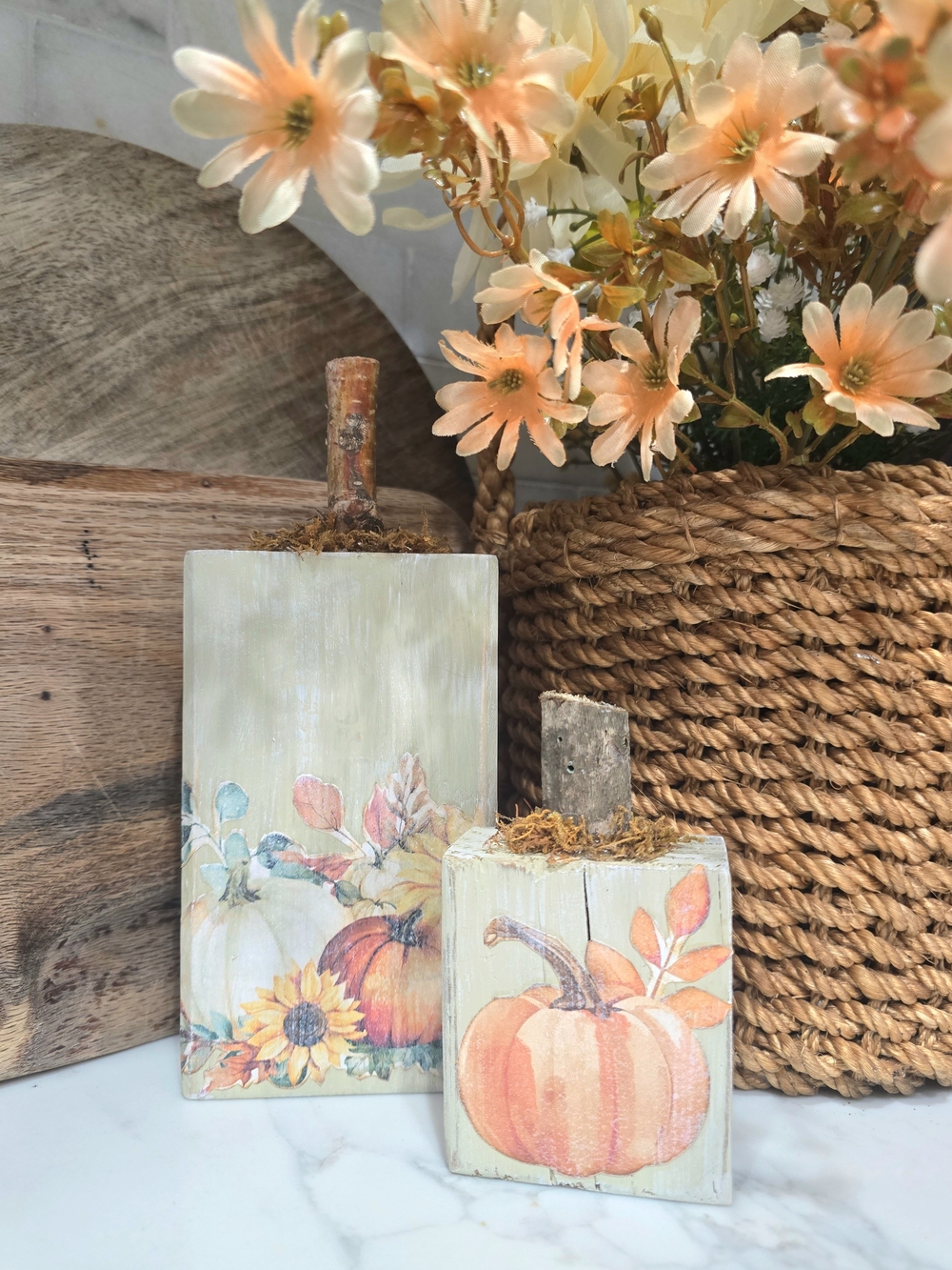 Rustic Pumpkin Wood Blocks - Cream and Orange Fall Decor